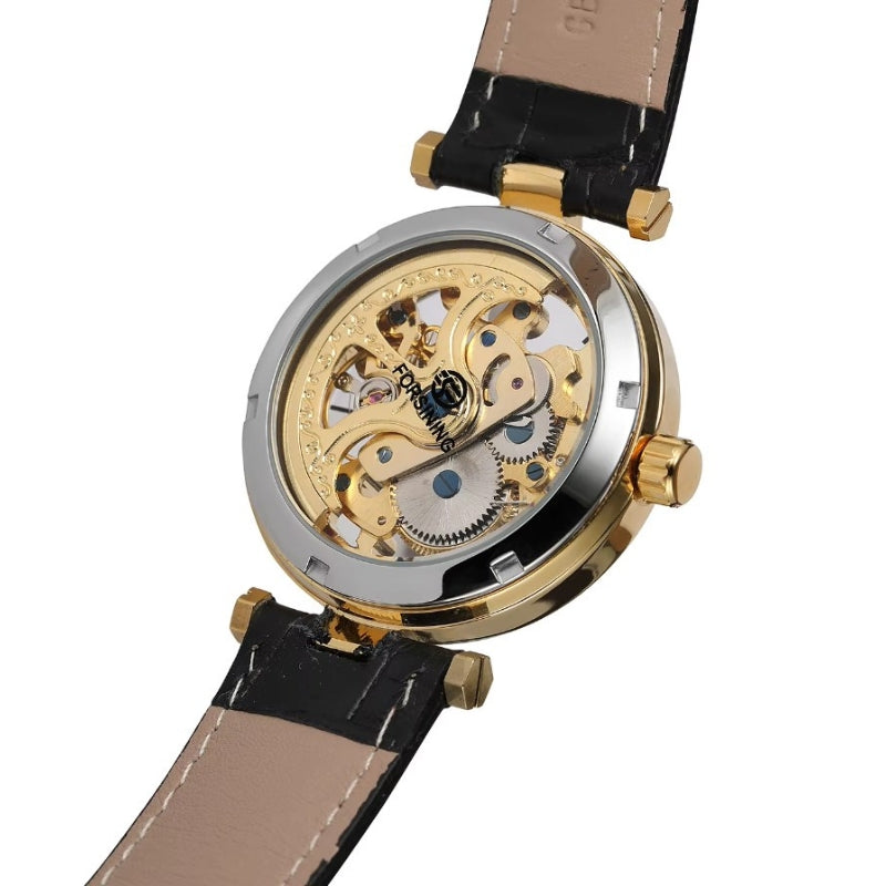 Montre à mécanisme squelette et bracelet cuir pour femme