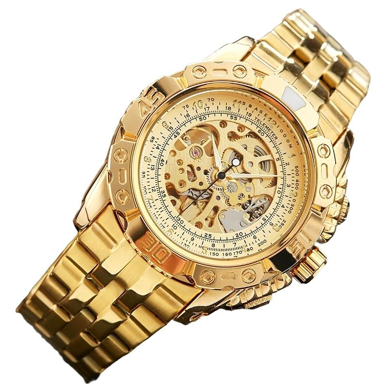 Montre dorée pour homme en acier avec cadran squelette