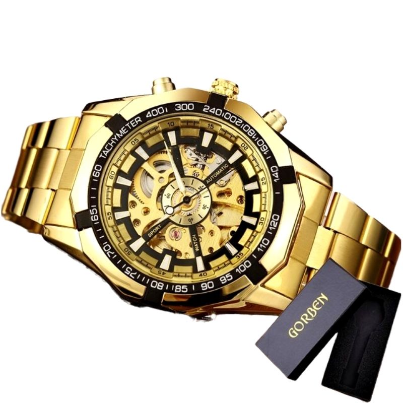 Montre en acier dorée style squelette pour homme