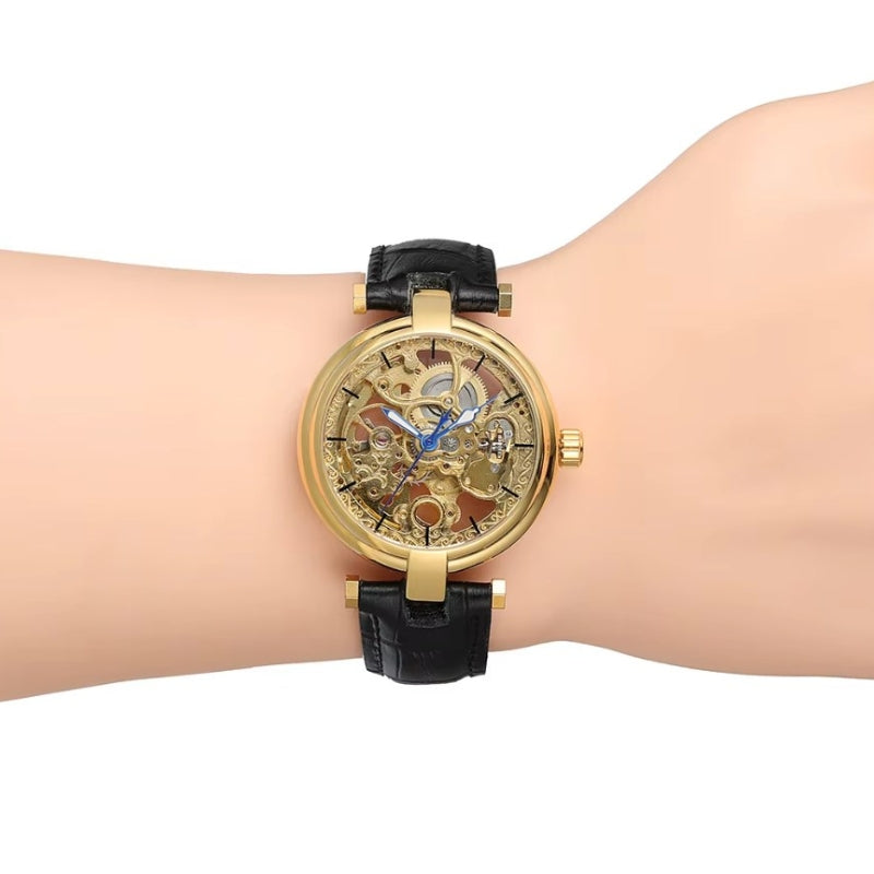 Montre femme squelette avec bracelet en cuir