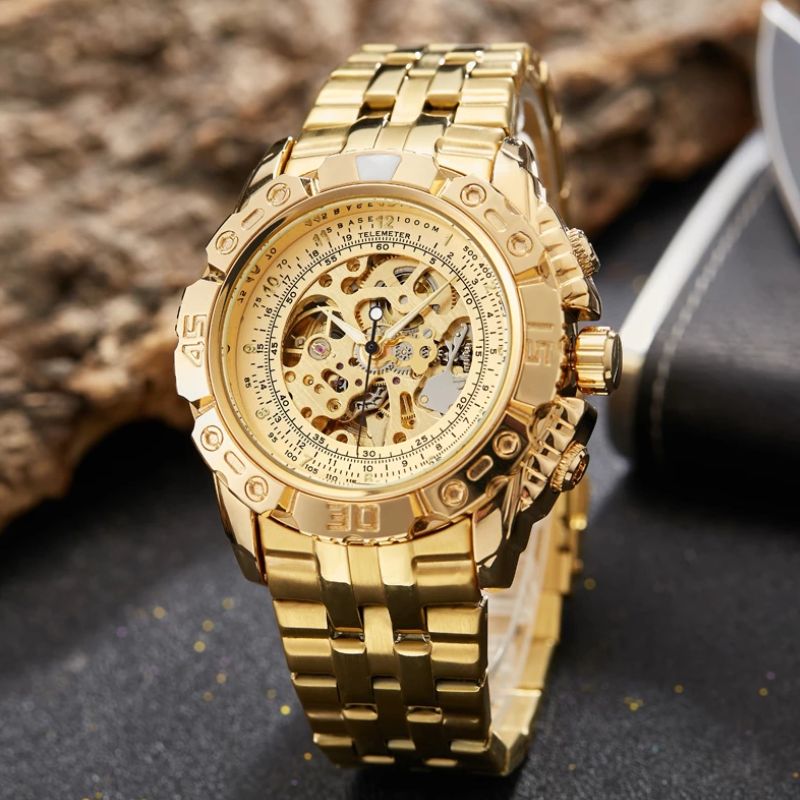 Montre homme squelette en acier doré