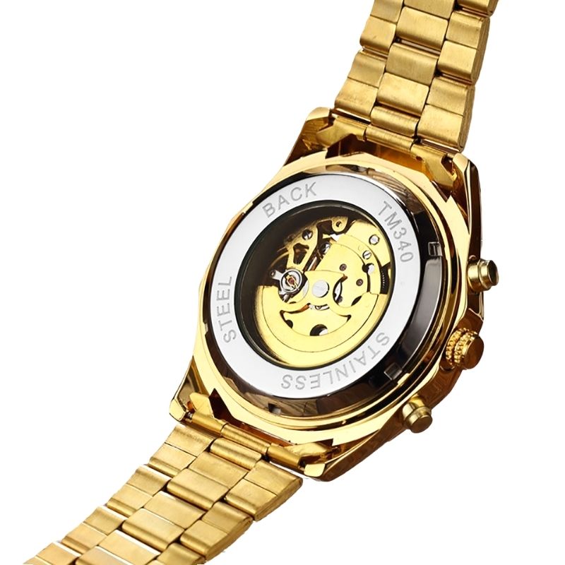 Montre masculine squelette en acier doré