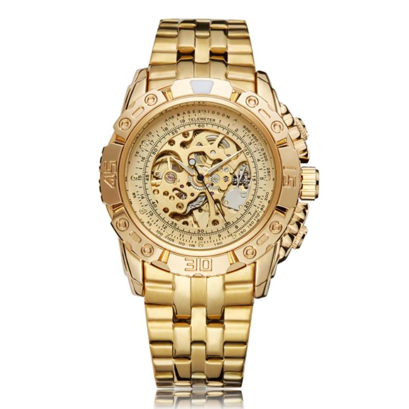 Montre squelette dorée en acier pour homme