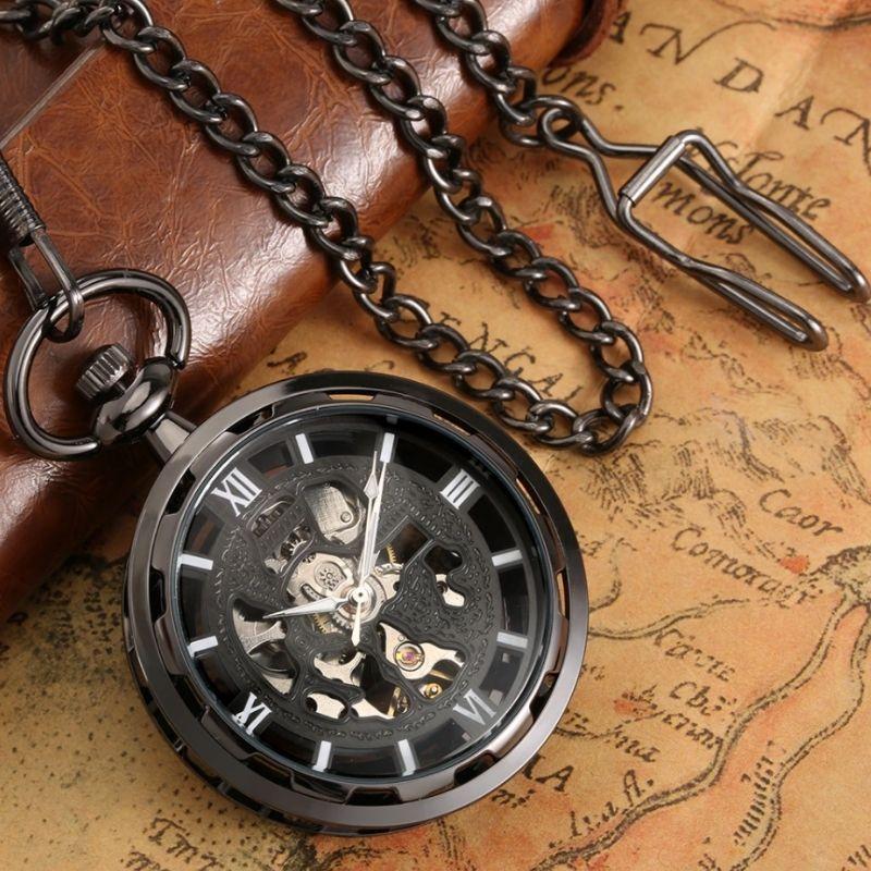 Montre squelette noire à gousset