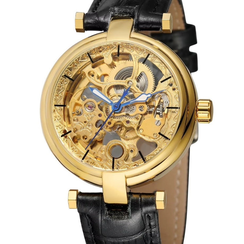 Montre squelette pour femme à bracelet cuir